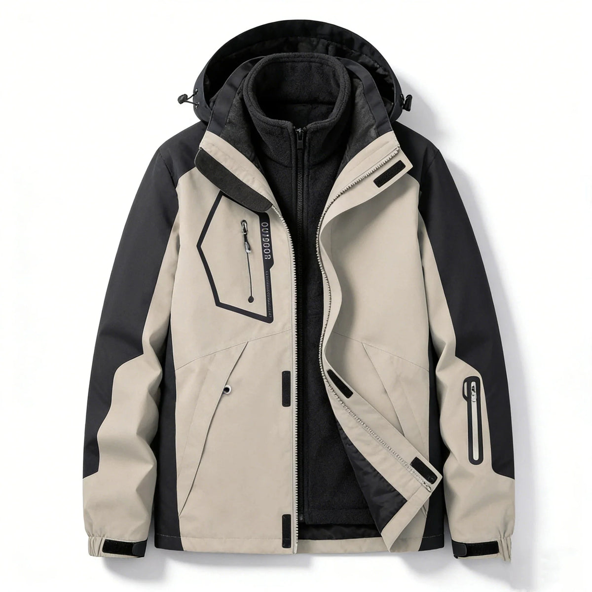 Unisex 3-i-1 Outdoorjacka med Avtagbart Fleecefoder och Huva i Vattenavvisande Material