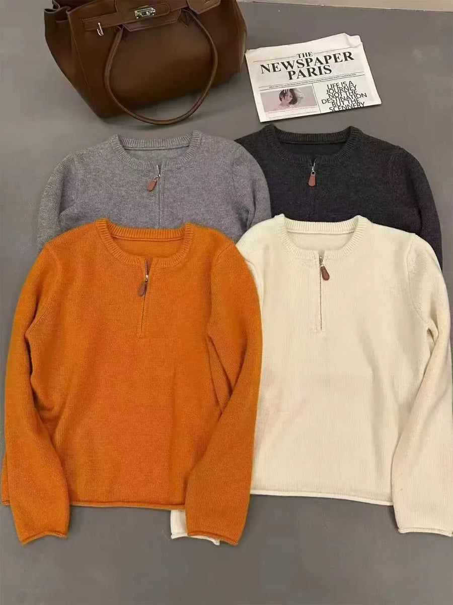 Tröja med Halvdragkedja för Dam, Orange Stickad Långärmad Topp