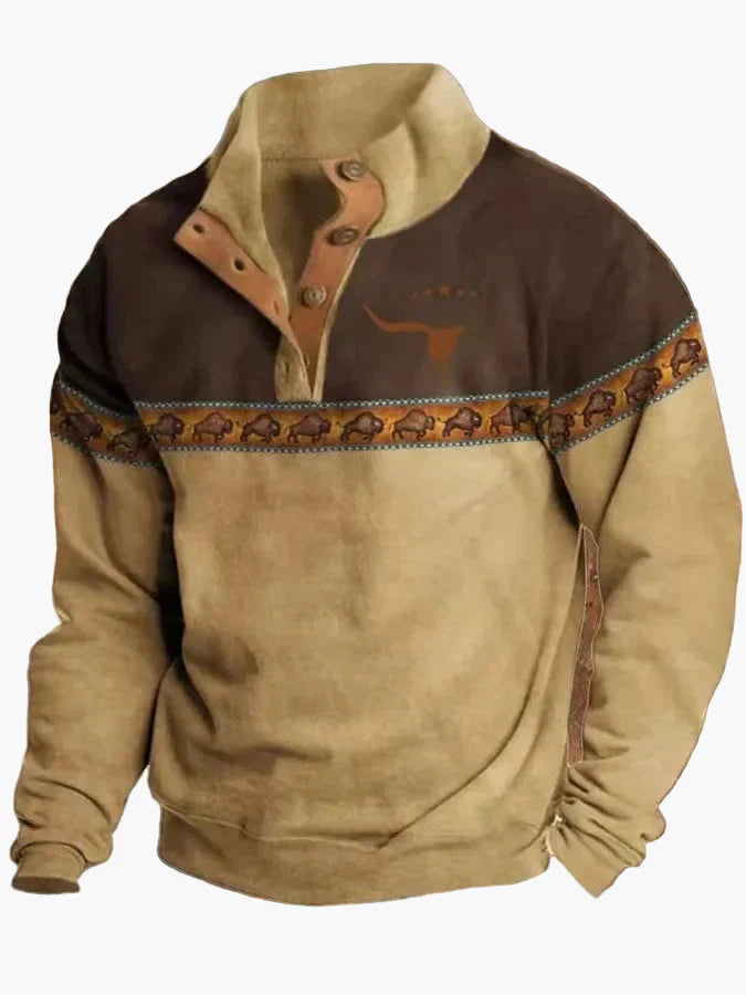 Herrtröja Med Vintage Westerntryck – Fritidsstil Med Unik Design Och Halvknäppning