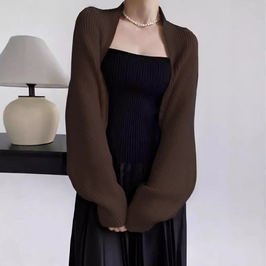 Ribbad crop top med långa ärmar för dam, bolero-stil, stickat utseende