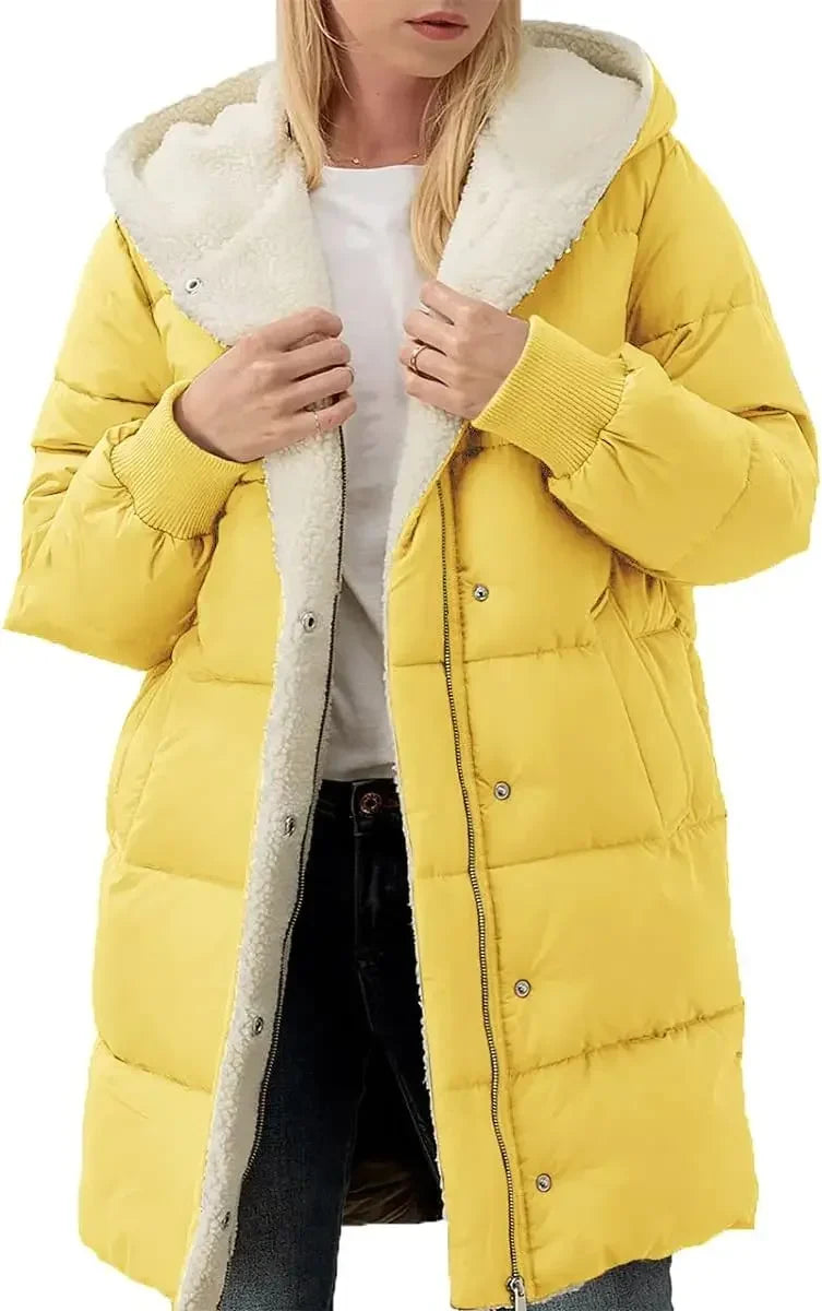 Lång vadderad vinterjacka med huva och teddyfoder för dam, flera färger