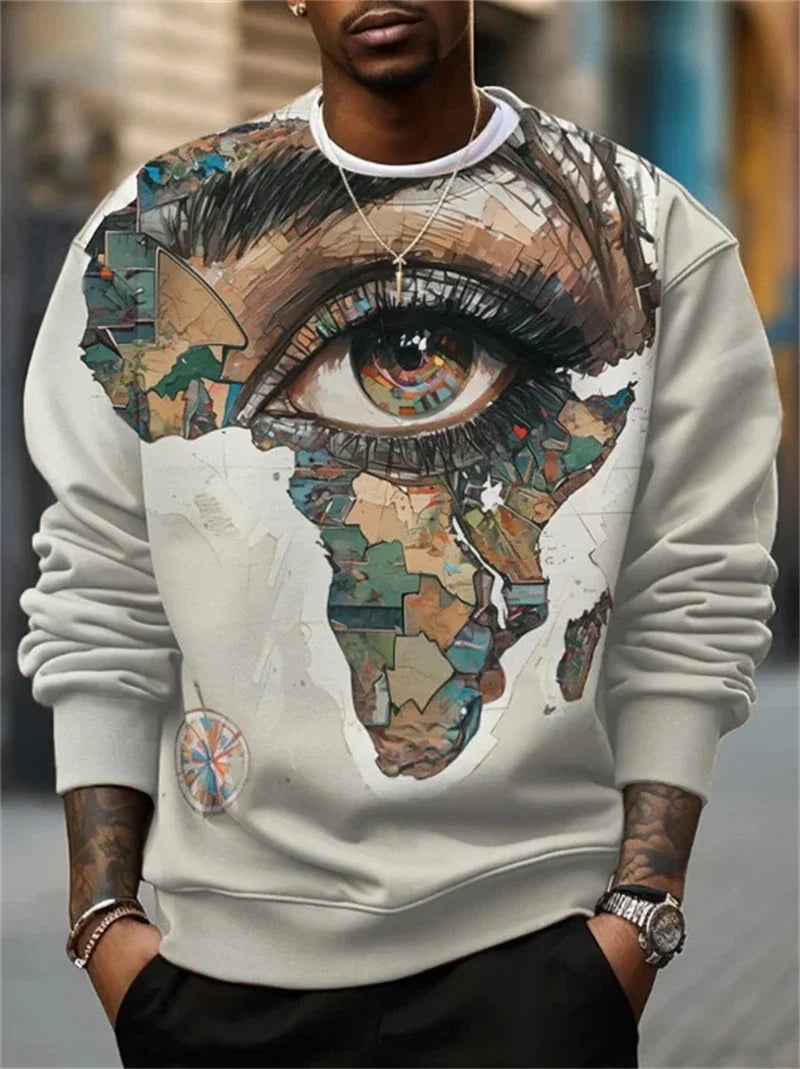 Herrtröja med lång ärm och afrikanskt motiv, mjuk collegetröja
