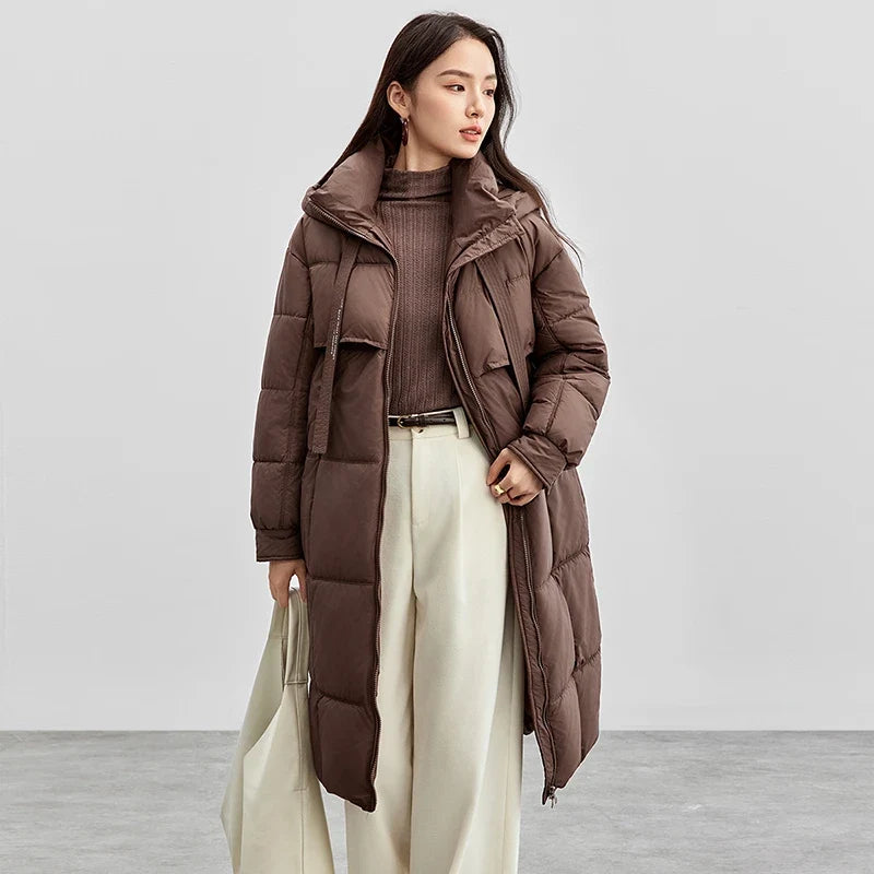 Lång vadderad parkas för dam med huva, dragkedja och fickor