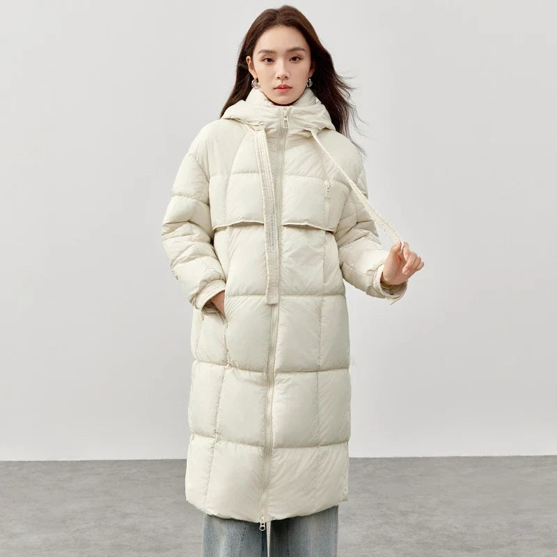 Lång vadderad parkas för dam med huva, dragkedja och fickor