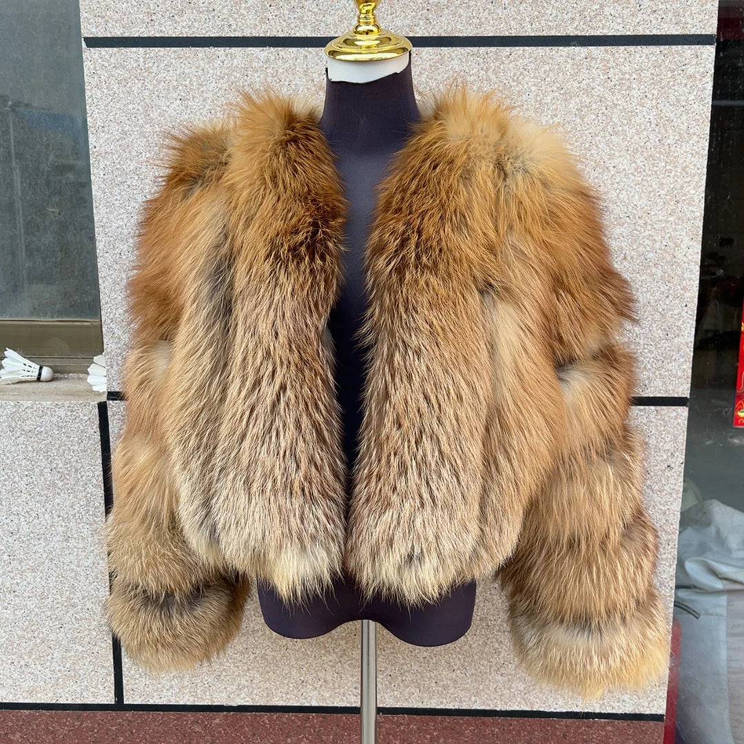 Kort fluffig fuskpälsjacka för dam, öppen design, flerfärgad