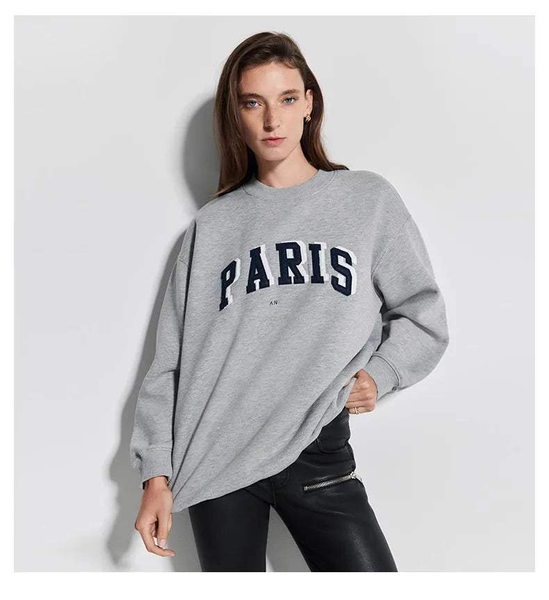 Dam sweatshirt grå med "PARIS" tryck rund hals oversized