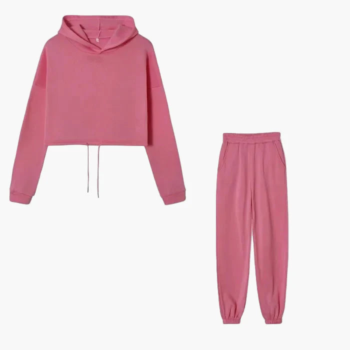Dam Lounge-set med Kort Hoodie och Joggingbyxor – Trendig Vardagsstil och Mys