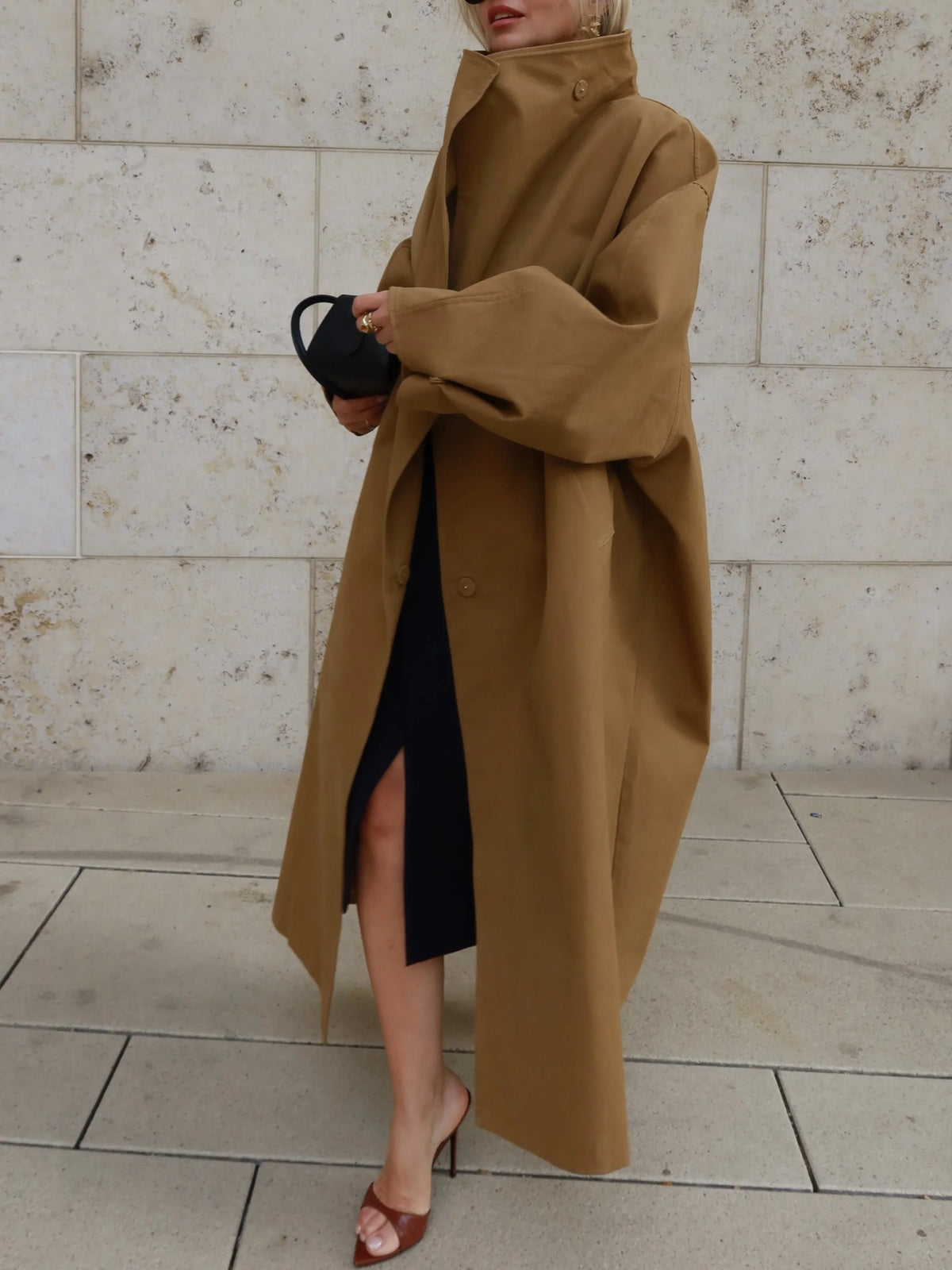 Kvinnors Trenchcoat Oversize med Hög Krage och Bälte