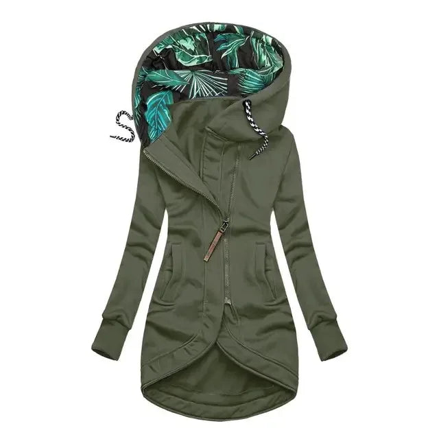 Damhoodie med dragkedja och mönstrad luva, lång modell