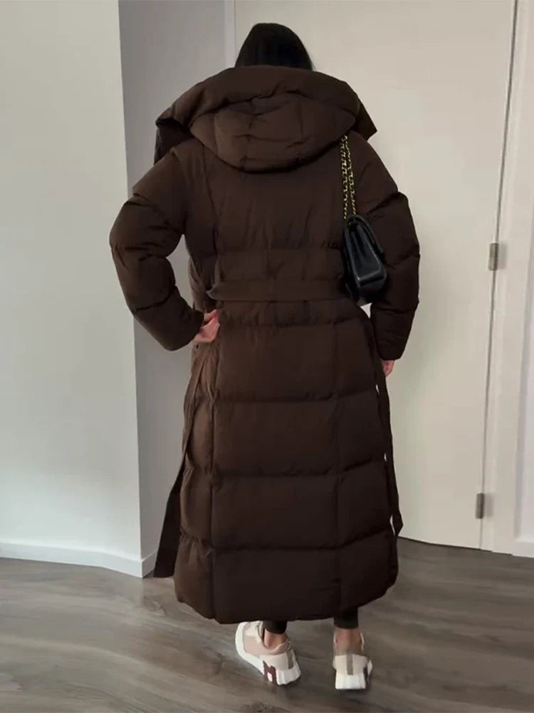 Lång Dunjacka Dam med Bälte och Huva Svart Brun Beige Vinterjacka