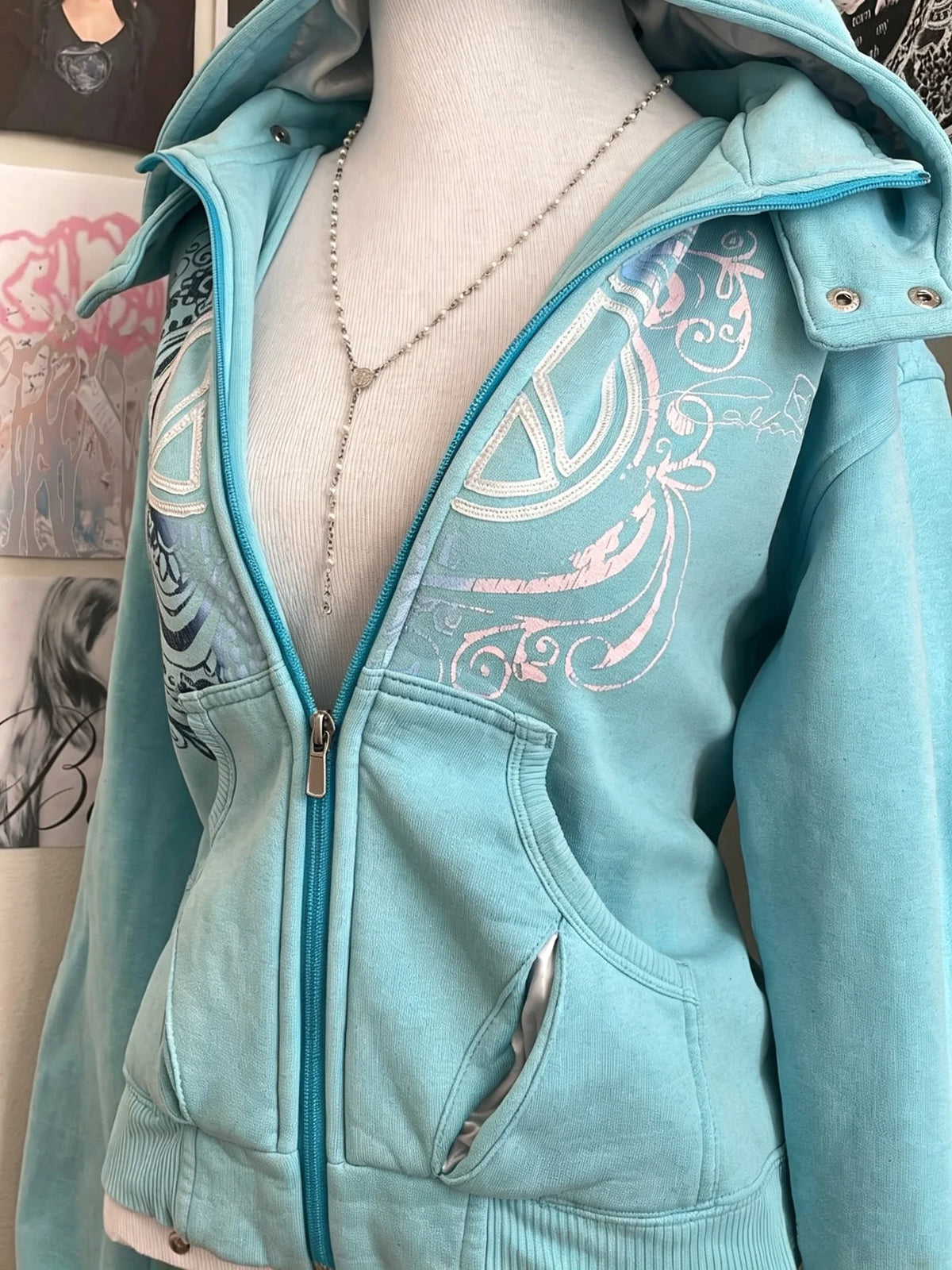 Turkos Hoodie med Dragkedja och Mönster