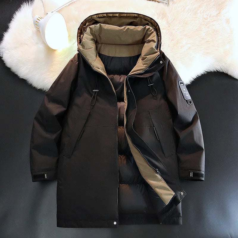 Herr Lång Dunjacka Vinter Varm Parkas med Huva Svart