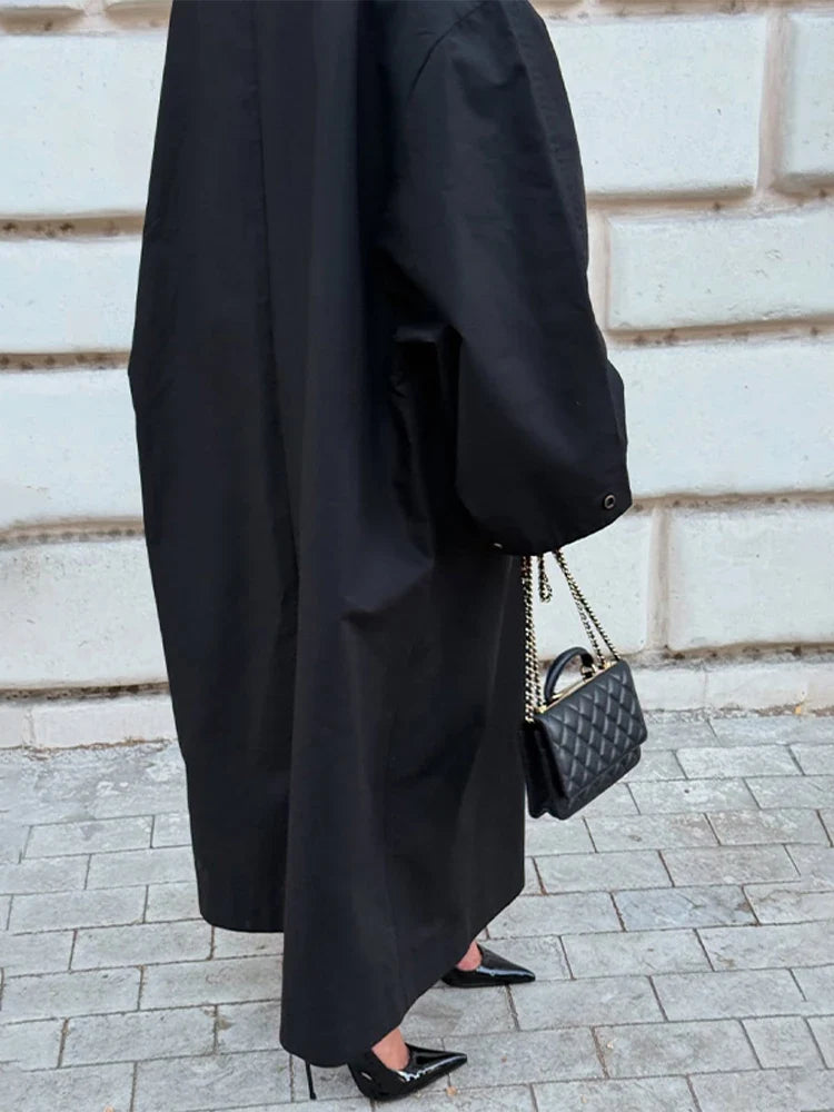 Dam Trenchcoat Lång, Överdimensionerad i Svart med Hög Krage och Bälte
