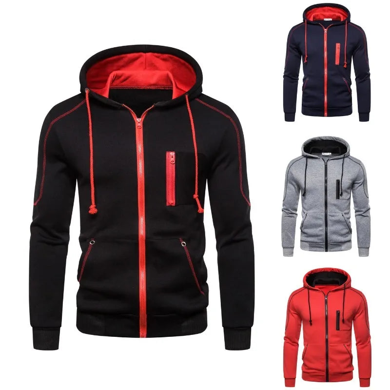 Herrhoodie med dragkedja, huva och kontrastfärgade detaljer
