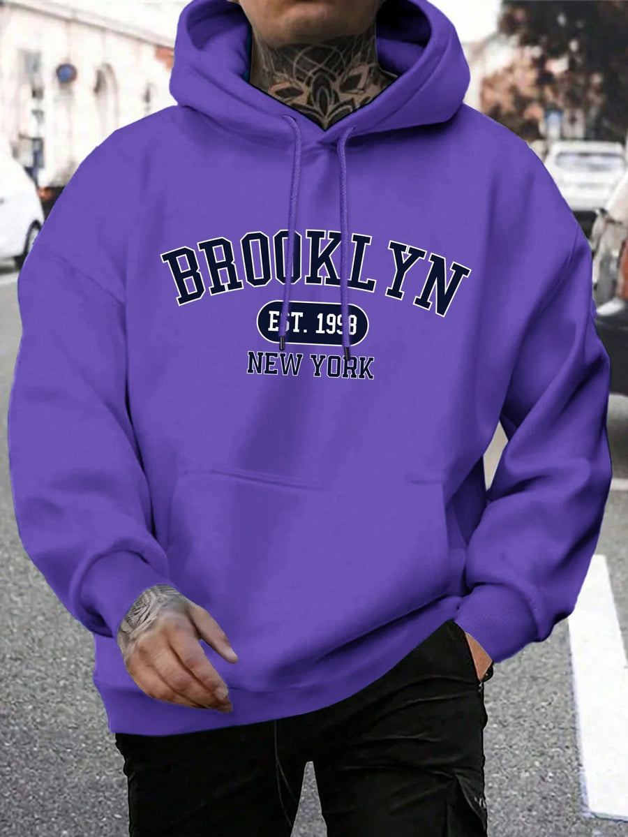 Hoodie med "New York" eller "Brooklyn" tryck, dragsko och känguruficka för män