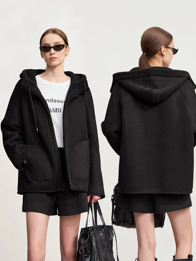 Dam teddyjacka med huva och fickor – Beige eller Svart