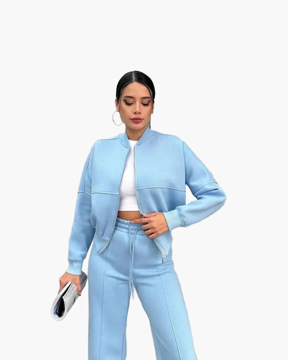 Damers Loungewear Set med Vid Passform – Avslappnad Träningsdräkt med Dragkedja och Vida Byxor