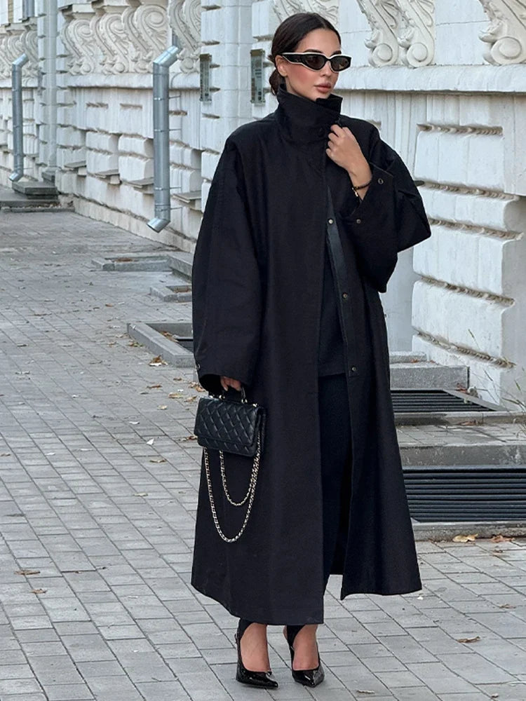 Dam Trenchcoat Lång, Överdimensionerad i Svart med Hög Krage och Bälte