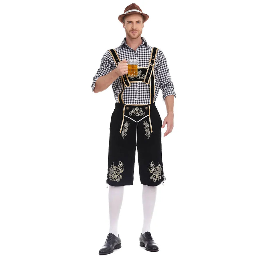 Oktoberfest herrkläder med rutig skjorta, broderade hängselbyxor och hatt