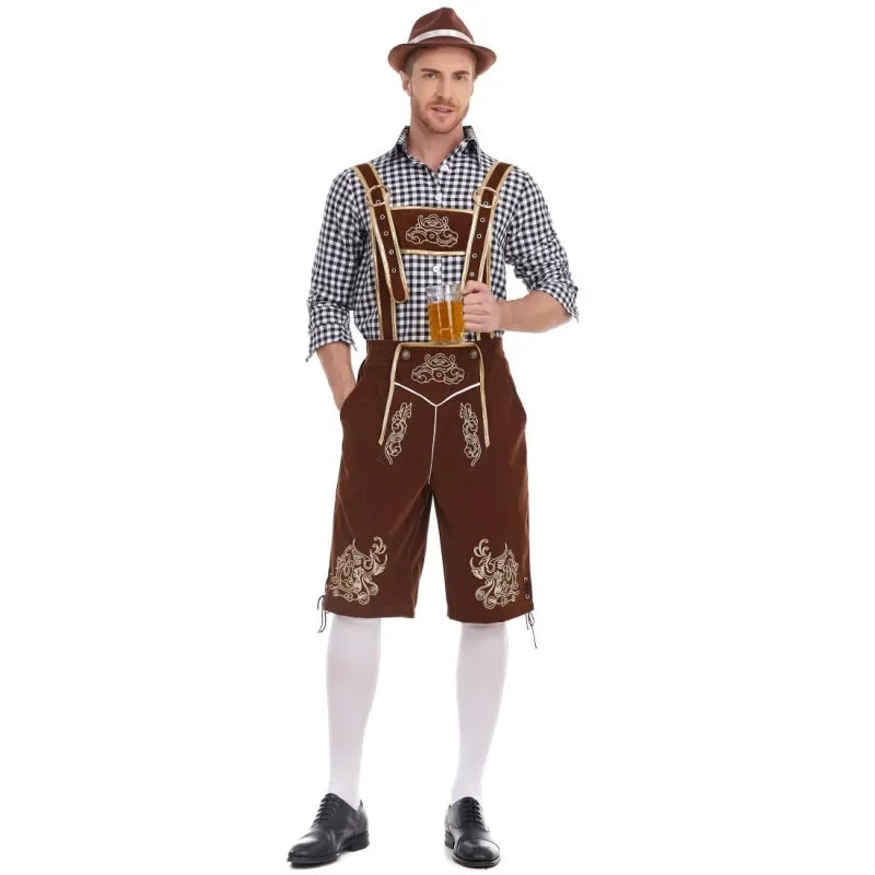 Oktoberfest herrkläder med rutig skjorta, broderade hängselbyxor och hatt