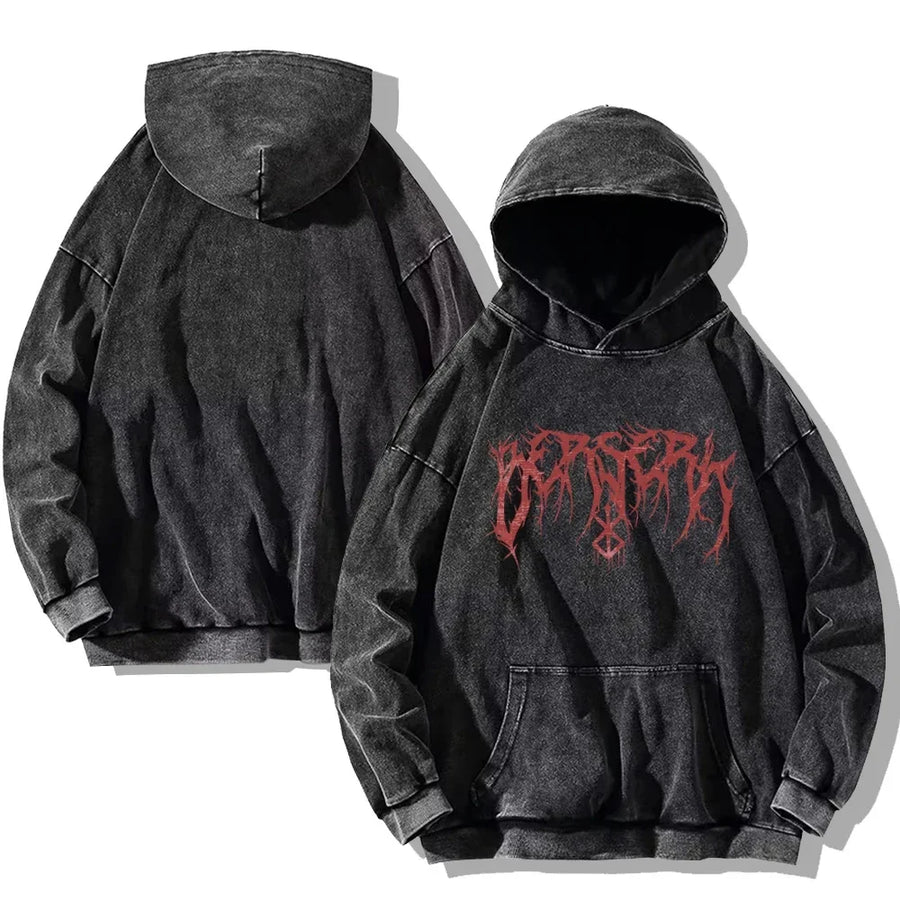 Svart huvtröja med tvättad look och tryck, Unisex Berserk-inspirerad hoodie
