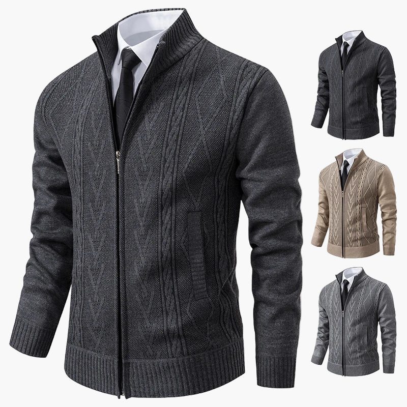 Herrstickad zip-tröja – elegant kabelmönstrad cardigan för vardag och kontor