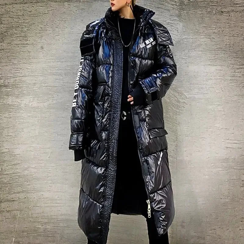 Lång vadderad jacka med huva och dragkedja, unisex