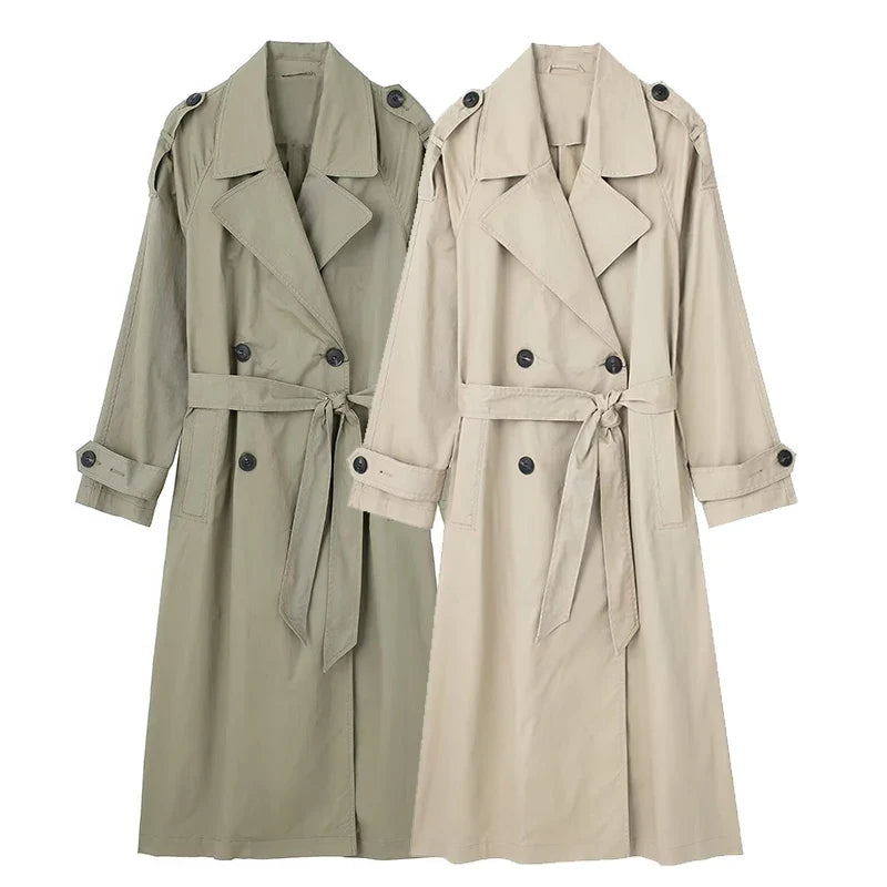 Dam lång trenchcoat med skärp, dubbelknäppt beige eller grön