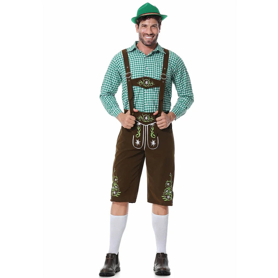 Herr Oktoberfestdräkt Brun/Svart Komplett Set Rutig Skjorta Hängselbyxor och Hatt
