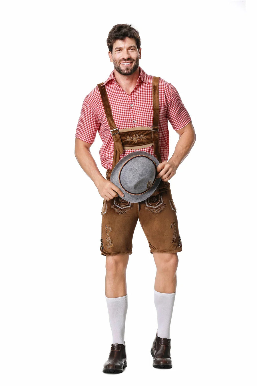 Herr Oktoberfest Lederhosen-set med skjorta, hängslen och hatt, broderade korta byxor