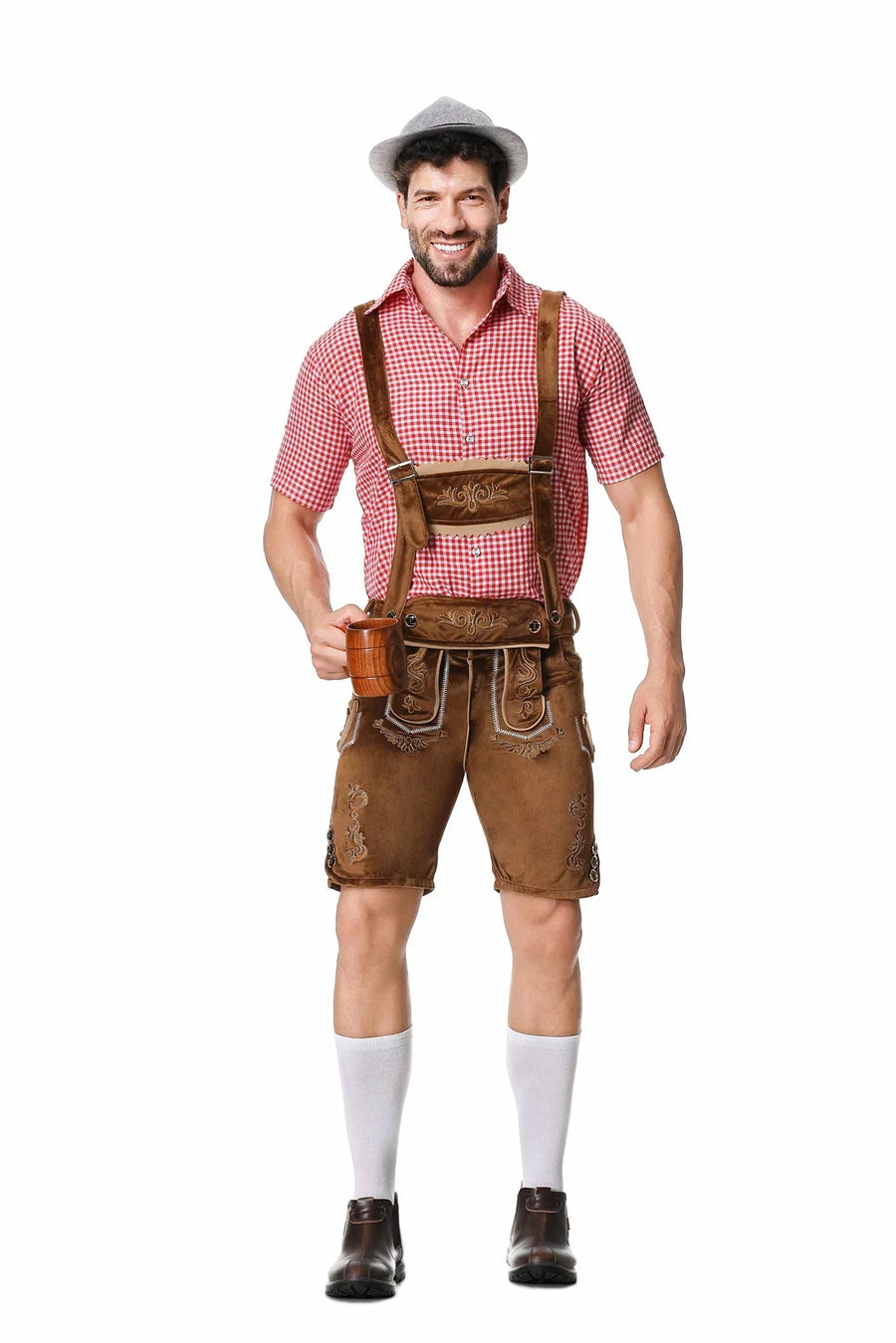 Herr Oktoberfest Lederhosen-set med skjorta, hängslen och hatt, broderade korta byxor