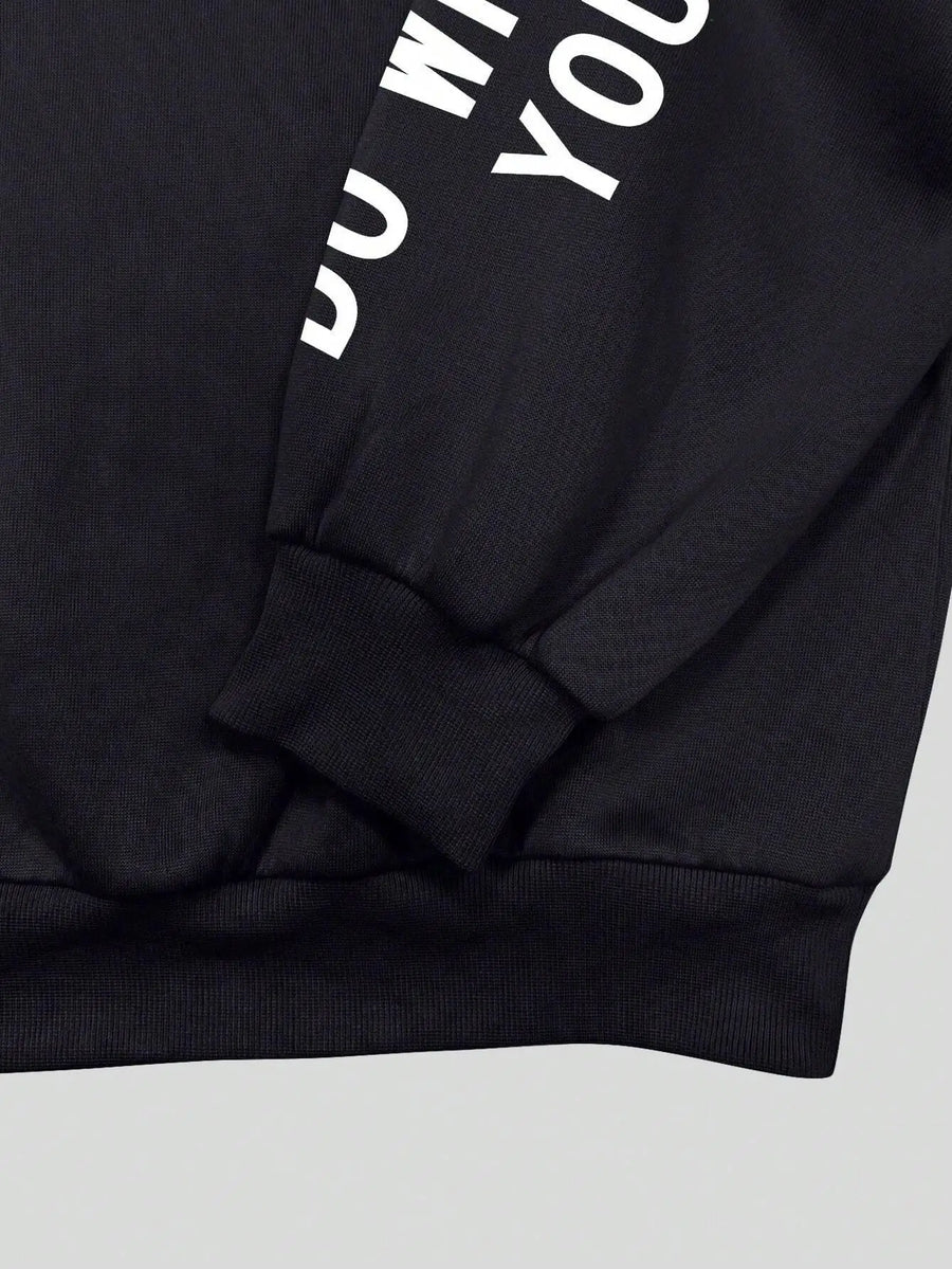 Mjuk Sweatshirt med Texttryck – Rundhalsad Tröja med Lång Ärm och Ribbade Muddar
