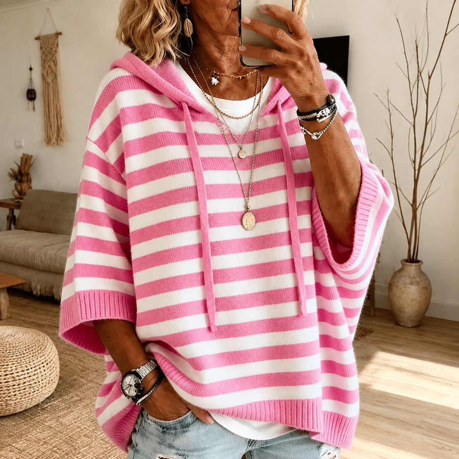 Randig Stickad Hoodie Dam Lös Passform Kort Ärm Rosa Vit