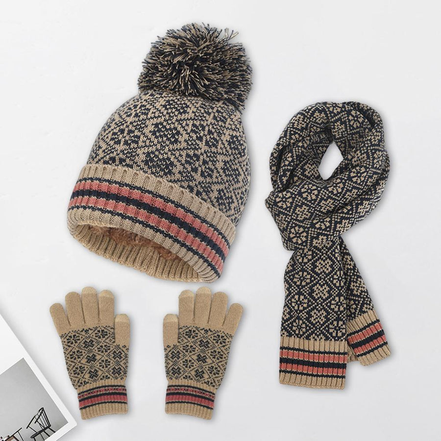 Unisex möss- halsduks- & handskset med pompom, beige, mönstrat stickat