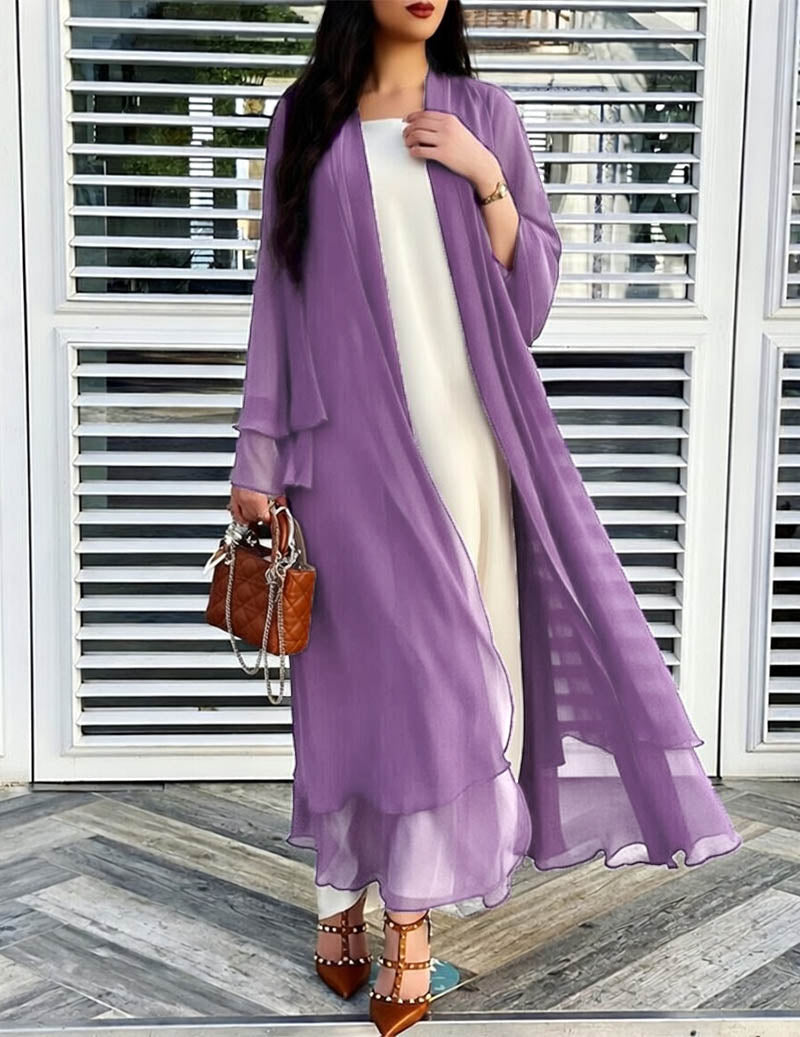 Lång öppen kofta med volanger, chiffongliknande material, beige