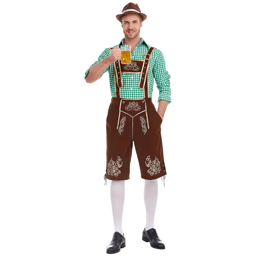 Oktoberfest herrkläder med rutig skjorta, broderade hängselbyxor och hatt