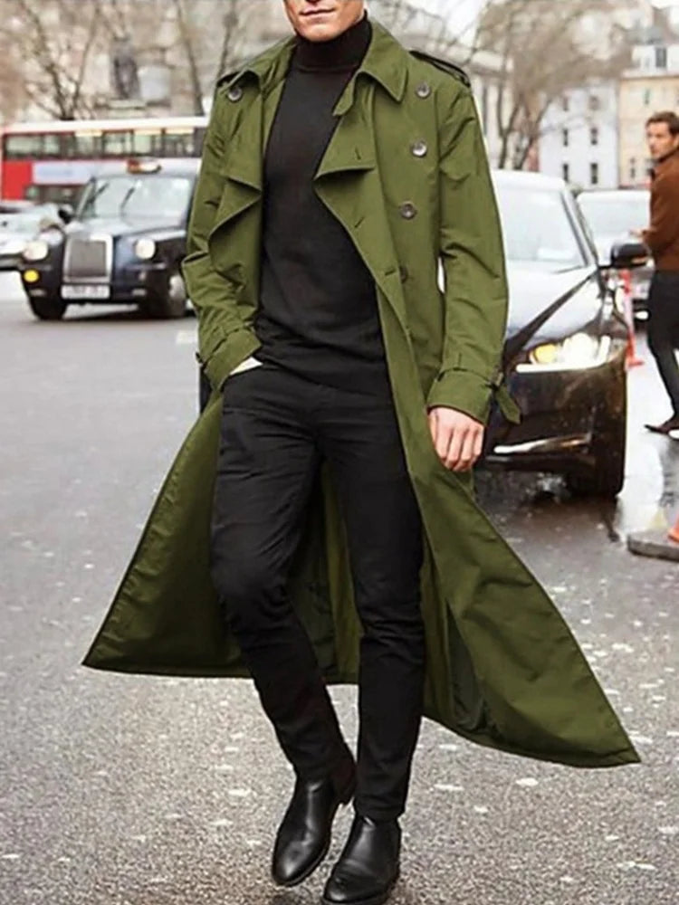 Herr Trenchcoat Lång Enkelknäppt Fritidsrock med Bälte och Krage