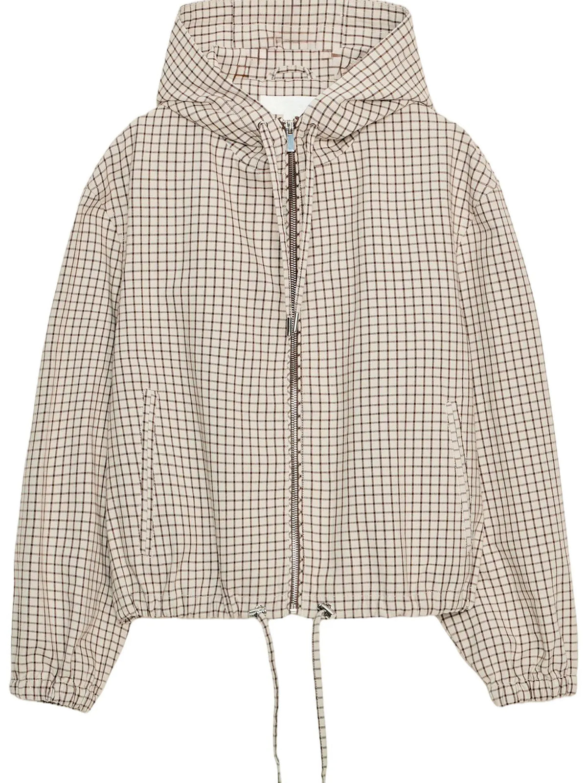Rutig damjacka med huva och dragsko, ljusbeige