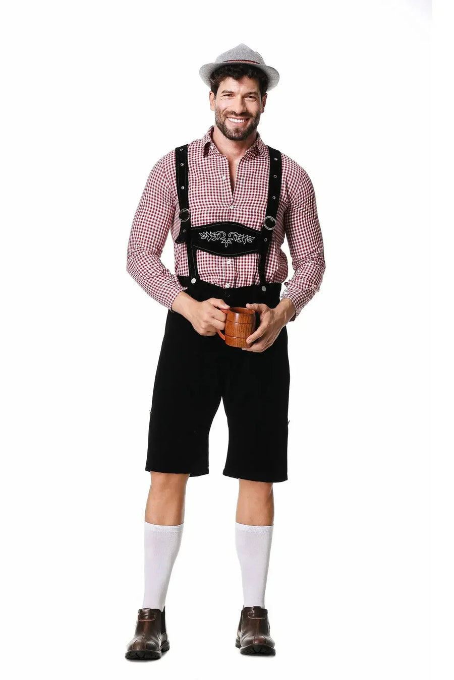 Lederhosen-inspirerad maskeradkostym med rutig skjorta och hängslen för män
