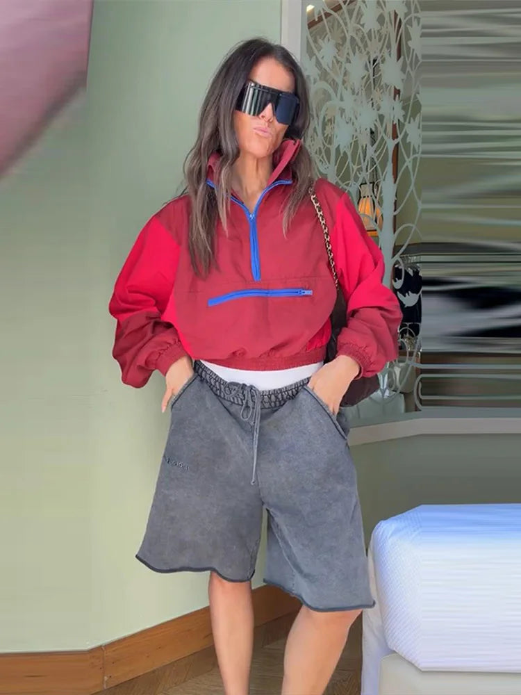 Färgad vindjacka med dragkedja Dam kort träningsjacka Långärmad crop top