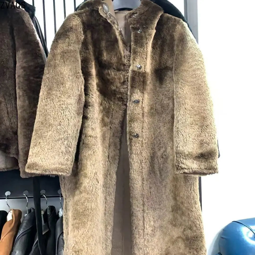 Brun Lång Huvkappa med Mjuk Yta och Knappstängning