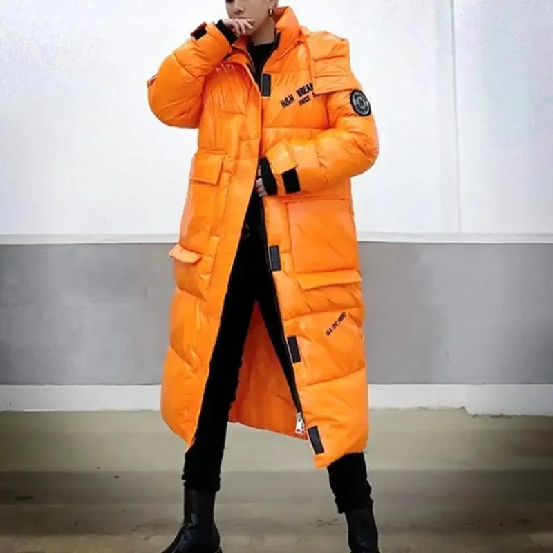 Lång vadderad jacka med huva och dragkedja, unisex
