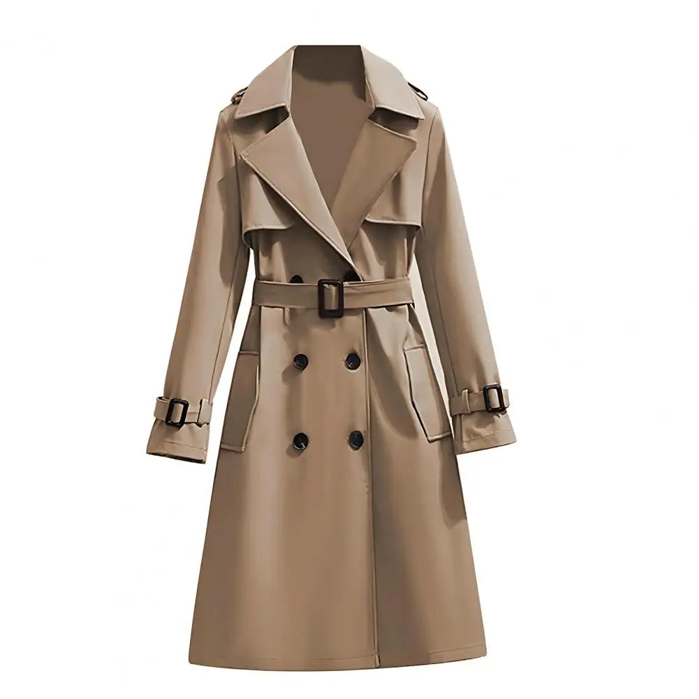 Klassisk Trenchcoat för Dam, Lång Dubbelknäppt Kappa med Bälte