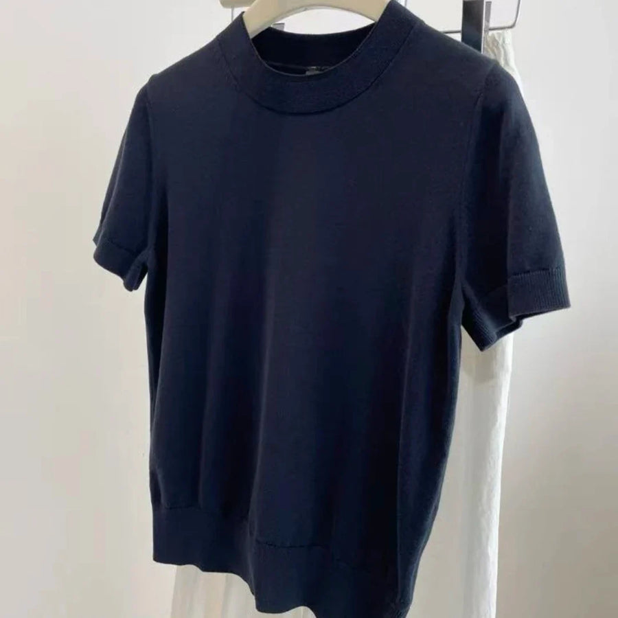 Dam T-shirt med korta ärmar och ribbad hals, enfärgad stickad topp