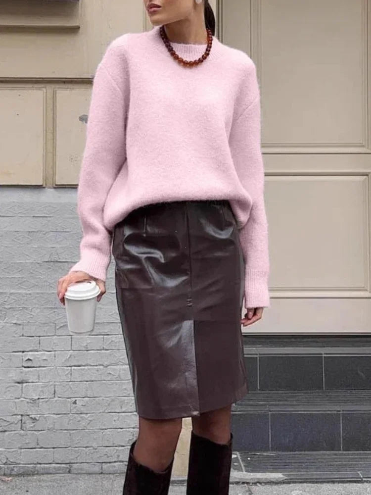 Rosa fluffig stickad tröja med rund hals