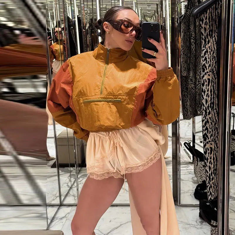 Färgad vindjacka med dragkedja Dam kort träningsjacka Långärmad crop top