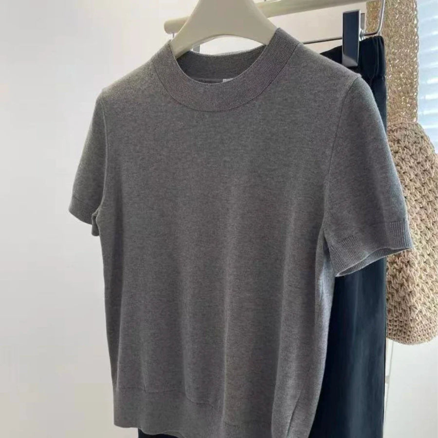 Dam T-shirt med korta ärmar och ribbad hals, enfärgad stickad topp