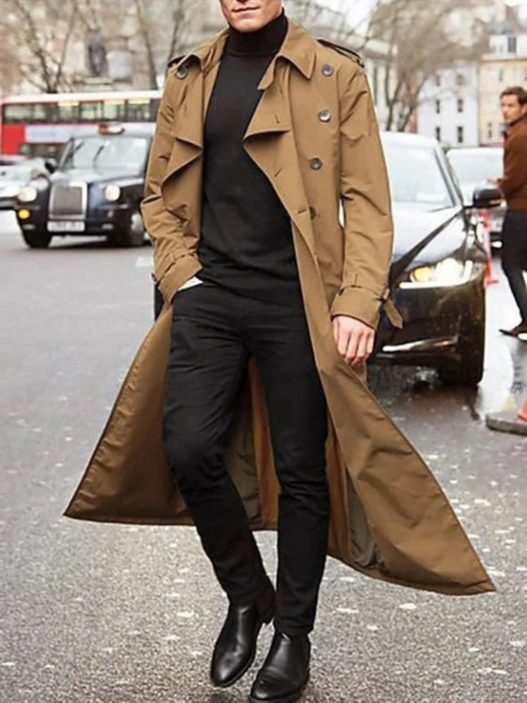 Herr Trenchcoat Lång Enkelknäppt Fritidsrock med Bälte och Krage
