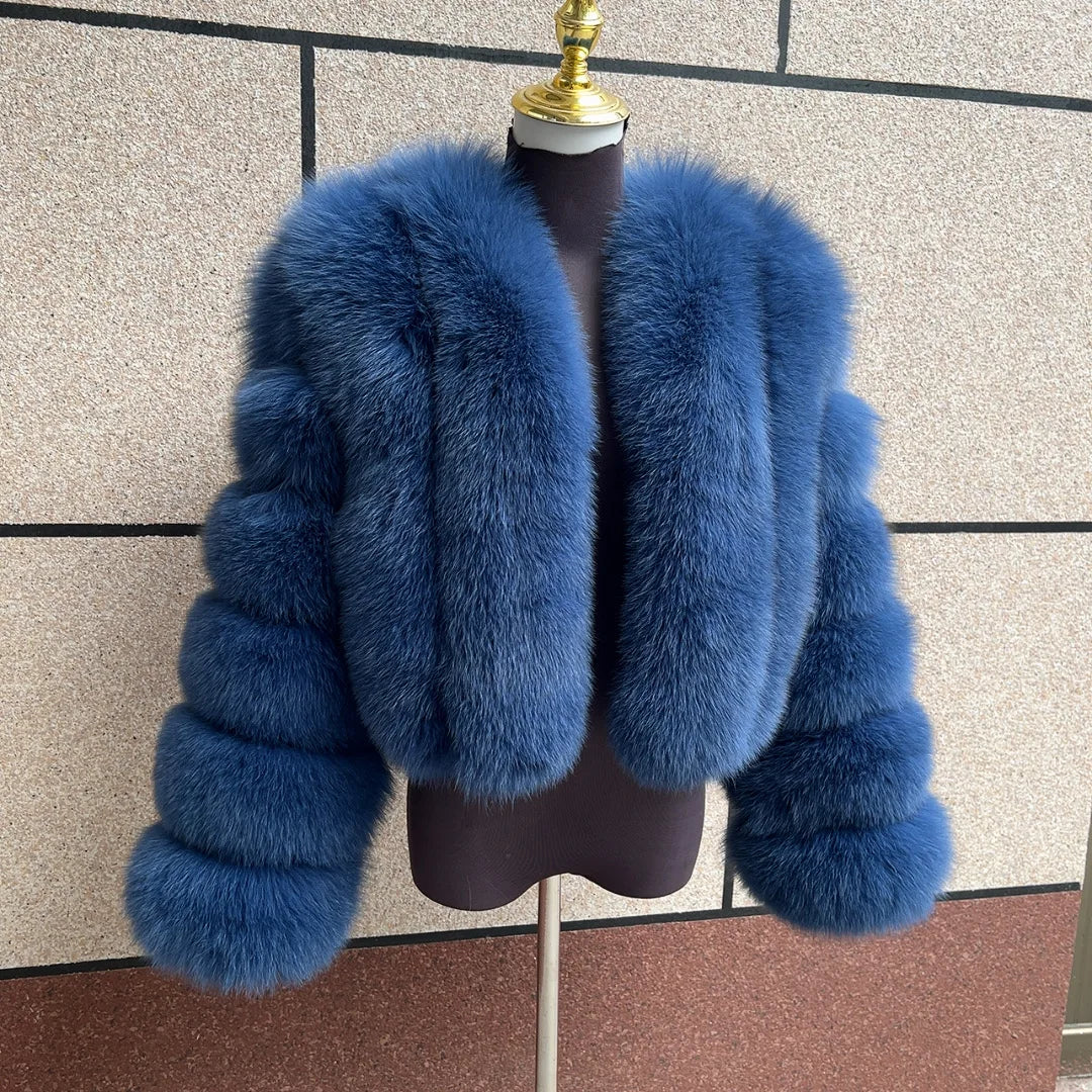 Kort fluffig fuskpälsjacka för dam, öppen design, flerfärgad