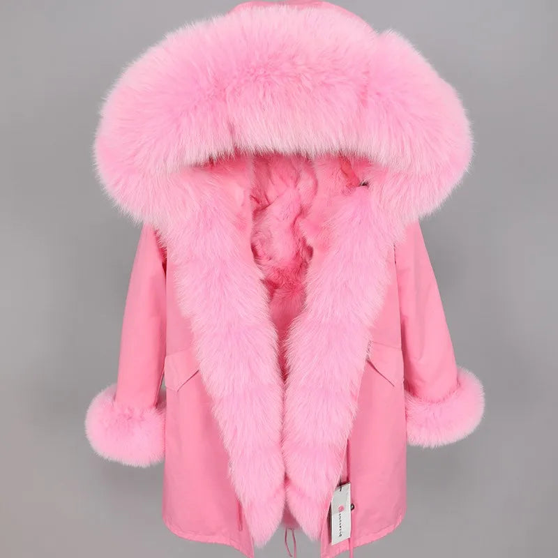 Vinterparkas med rosa fuskpälsfoder och luva, dam